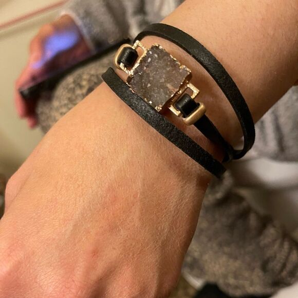 Boho stacked leather magnetic smoky druzy quartz mixed media bracelet nwt - Picture 5 of 15